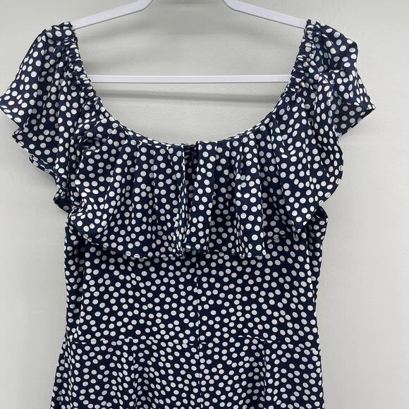 Betsey Johnson Polka Dot Jumpsuit Womens 14 Blue White Off Shoulder Ruffle - Picture 6 of 9